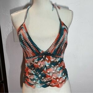 Boho Multi Colored Crochet Halter Top Lace Up Open Back